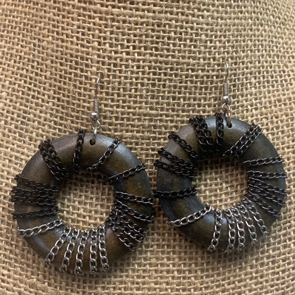 Dark Wood Hoop Earrings with Black and Silver Chain Wrap Industrial Boho 2" 5530